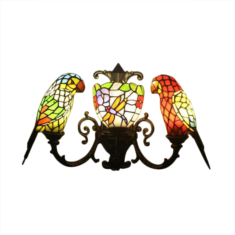 3 Lights Parrot Wall Lighting Rustic Lodge Stained Glass Indoor Lighting for Living Room Clearhalo 'Industrial' 'Middle century wall lights' 'Tiffany wall lights' 'Tiffany' 'Wall Lamps & Sconces' 'Wall Lights' Lighting' 169444