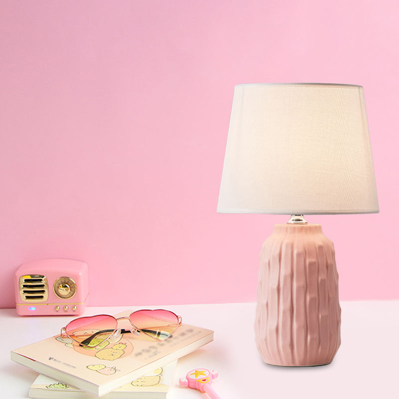 Modernist Conical Table Light Fabric 1 Head Bedroom Desk Lamp with Cylinder Ceramic Base in White/Pink/Blue Pink Clearhalo 'Lamps' 'Table Lamps' Lighting' 1694457