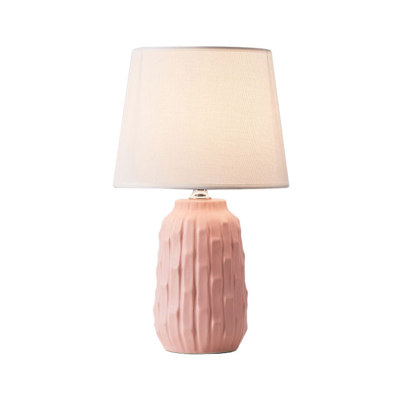 Modernist Conical Table Light Fabric 1 Head Bedroom Desk Lamp with Cylinder Ceramic Base in White/Pink/Blue Clearhalo 'Lamps' 'Table Lamps' Lighting' 1694458