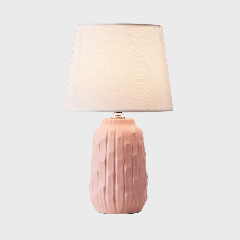 Modernist Conical Table Light Fabric 1 Head Bedroom Desk Lamp with Cylinder Ceramic Base in White/Pink/Blue Clearhalo 'Lamps' 'Table Lamps' Lighting' 1694459