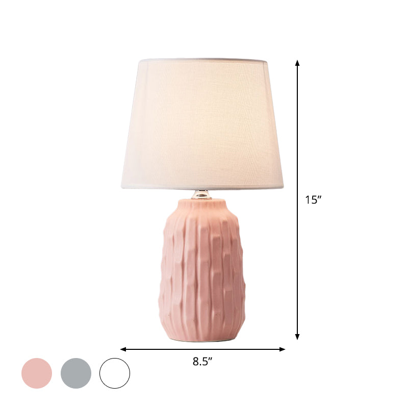 Modernist Conical Table Light Fabric 1 Head Bedroom Desk Lamp with Cylinder Ceramic Base in White/Pink/Blue Clearhalo 'Lamps' 'Table Lamps' Lighting' 1694460