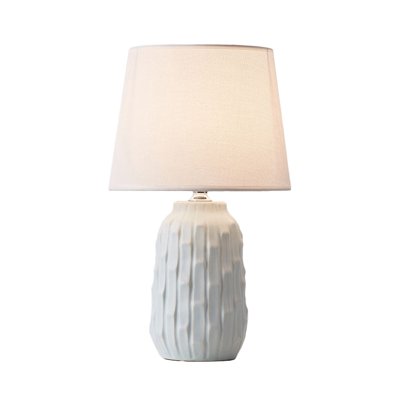 Modernist Conical Table Light Fabric 1 Head Bedroom Desk Lamp with Cylinder Ceramic Base in White/Pink/Blue Clearhalo 'Lamps' 'Table Lamps' Lighting' 1694463