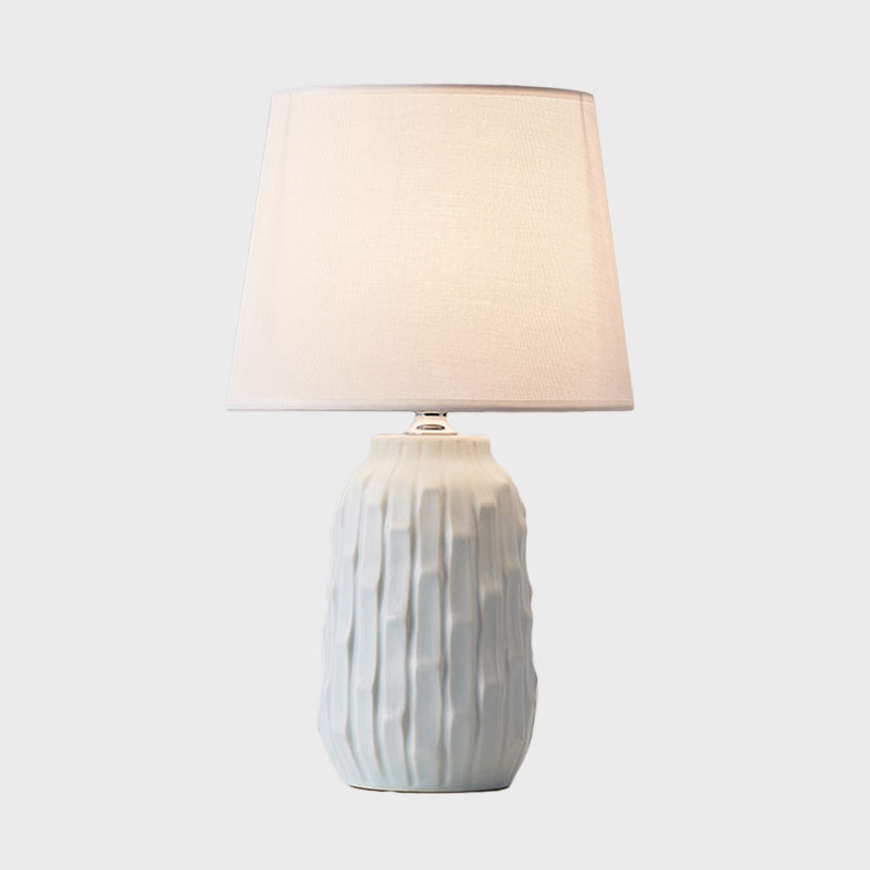 Modernist Conical Table Light Fabric 1 Head Bedroom Desk Lamp with Cylinder Ceramic Base in White/Pink/Blue Clearhalo 'Lamps' 'Table Lamps' Lighting' 1694464