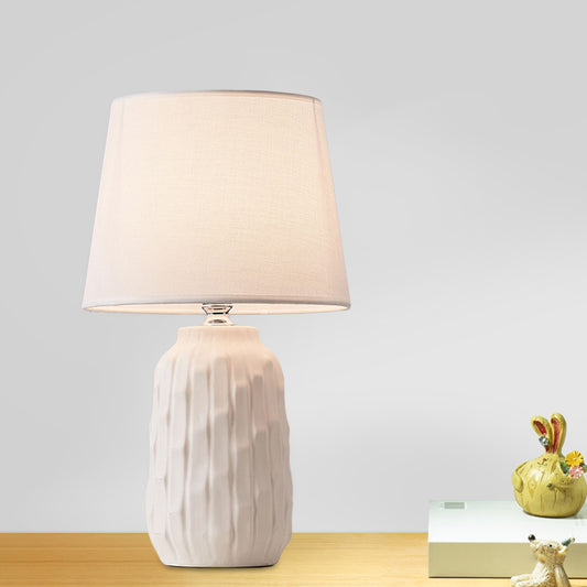 Modernist Conical Table Light Fabric 1 Head Bedroom Desk Lamp with Cylinder Ceramic Base in White/Pink/Blue White Clearhalo 'Lamps' 'Table Lamps' Lighting' 1694465