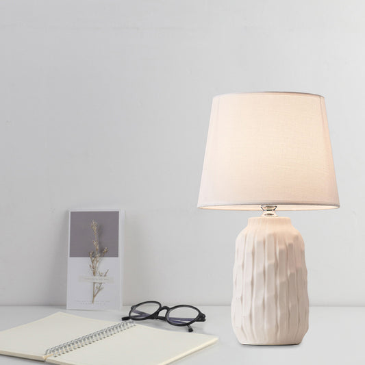 Modernist Conical Table Light Fabric 1 Head Bedroom Desk Lamp with Cylinder Ceramic Base in White/Pink/Blue Clearhalo 'Lamps' 'Table Lamps' Lighting' 1694466