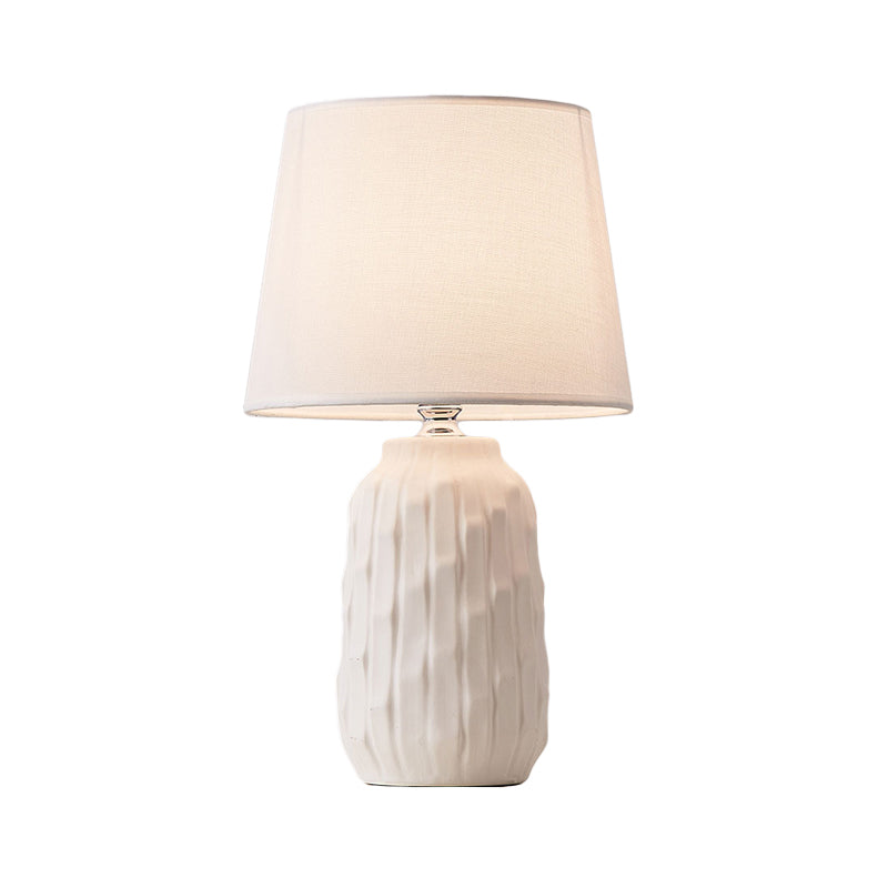 Modernist Conical Table Light Fabric 1 Head Bedroom Desk Lamp with Cylinder Ceramic Base in White/Pink/Blue Clearhalo 'Lamps' 'Table Lamps' Lighting' 1694467