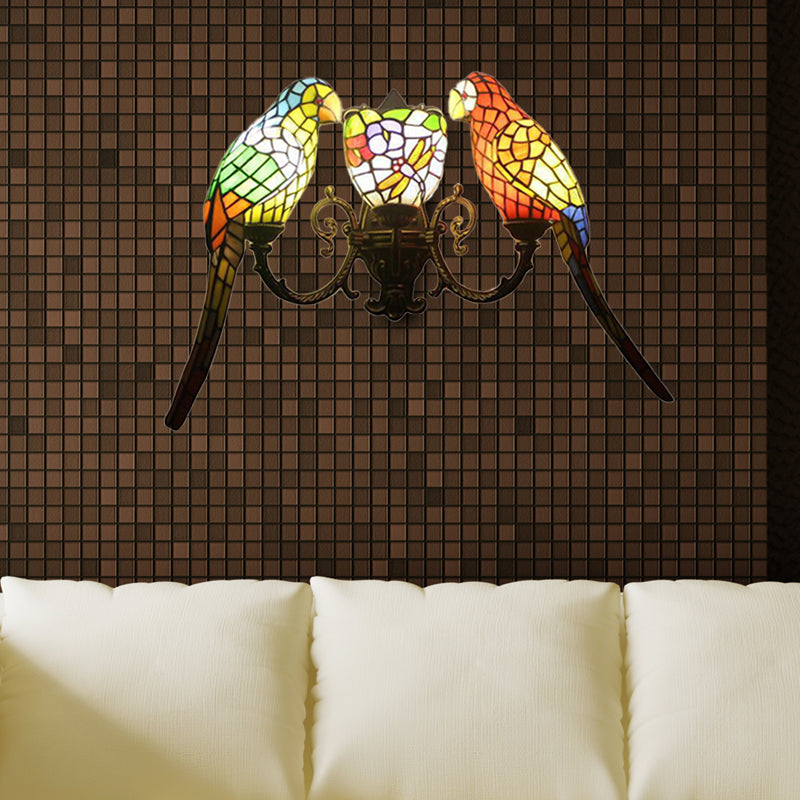 3 Lights Parrot Wall Lighting Rustic Lodge Stained Glass Indoor Lighting for Living Room Clearhalo 'Industrial' 'Middle century wall lights' 'Tiffany wall lights' 'Tiffany' 'Wall Lamps & Sconces' 'Wall Lights' Lighting' 169447
