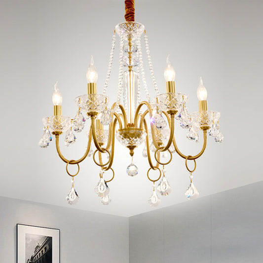 Gold Swirled Arm Pendant Chandelier Simple 6-Bulb Metal Hanging Light Fixture with Crystal Droplet Clearhalo 'Ceiling Lights' 'Chandeliers' 'Modern Chandeliers' 'Modern' Lighting' 1694479