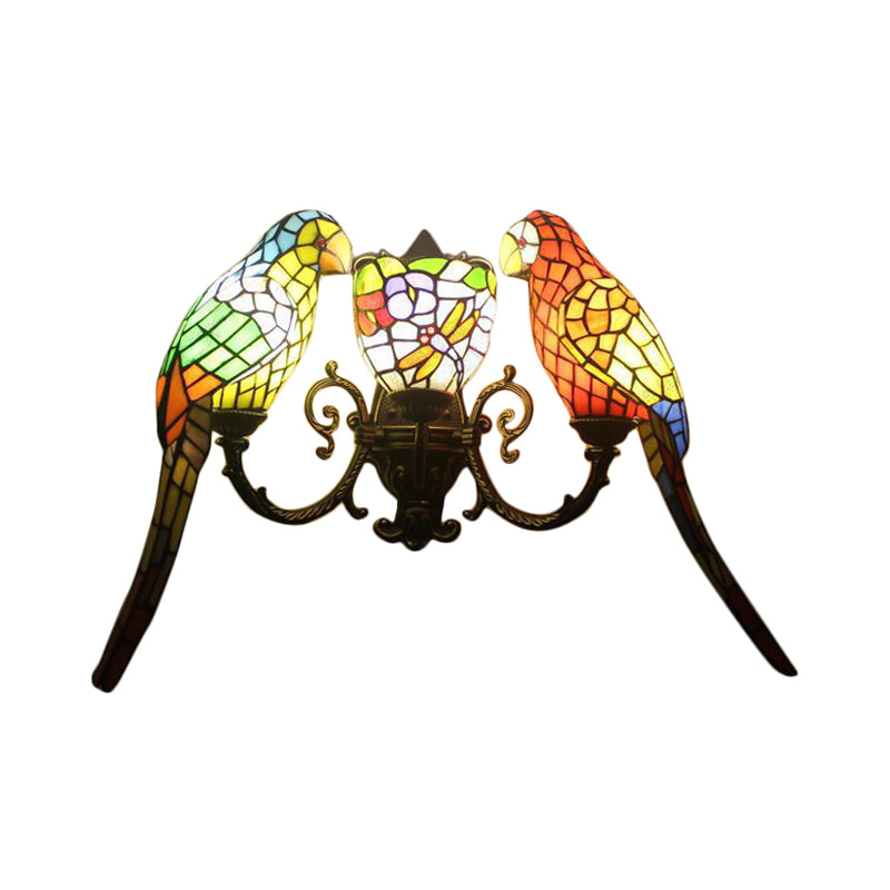 3 Lights Parrot Wall Lighting Rustic Lodge Stained Glass Indoor Lighting for Living Room Clearhalo 'Industrial' 'Middle century wall lights' 'Tiffany wall lights' 'Tiffany' 'Wall Lamps & Sconces' 'Wall Lights' Lighting' 169448