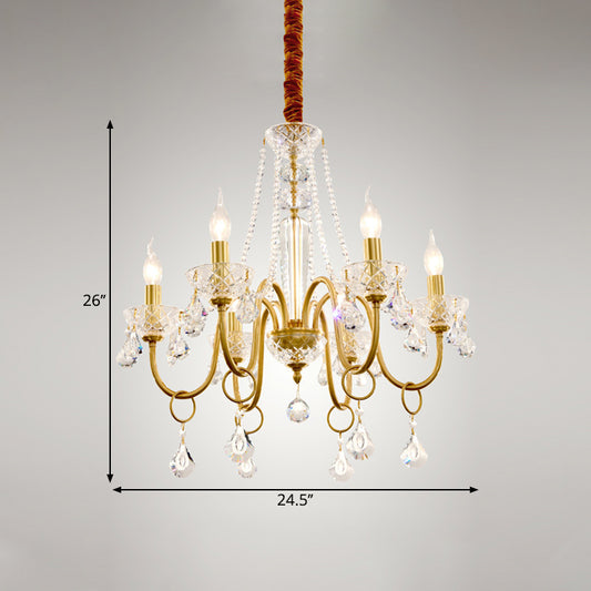 Gold Swirled Arm Pendant Chandelier Simple 6-Bulb Metal Hanging Light Fixture with Crystal Droplet Clearhalo 'Ceiling Lights' 'Chandeliers' 'Modern Chandeliers' 'Modern' Lighting' 1694481