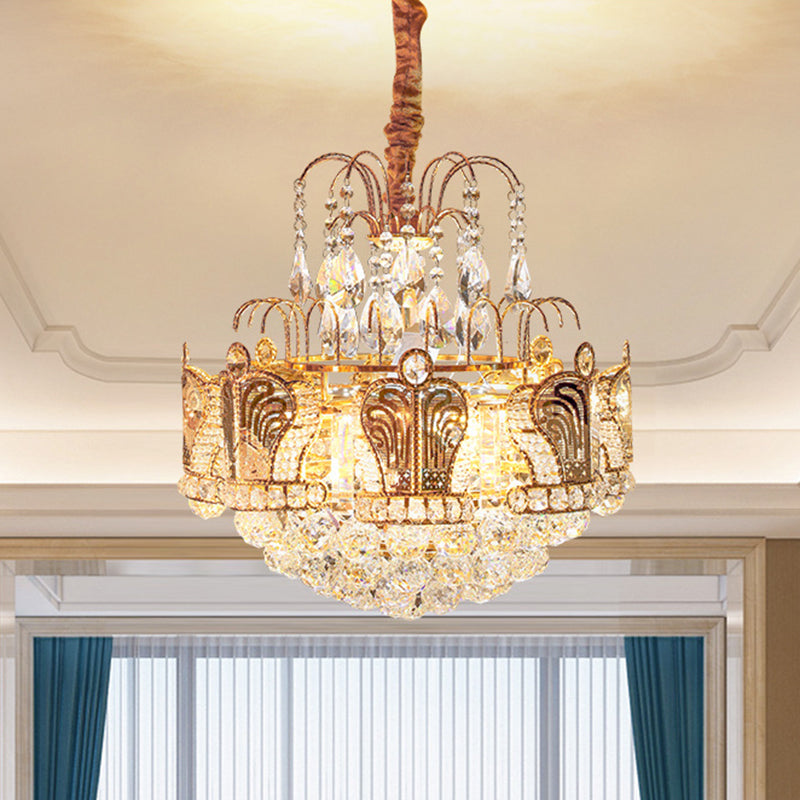 6 Heads Living Room Chandelier Light Simple Gold Suspension Pendant with Cascading Crystal Ball Shade Gold Clearhalo 'Ceiling Lights' 'Chandeliers' 'Modern Chandeliers' 'Modern' Lighting' 1694543