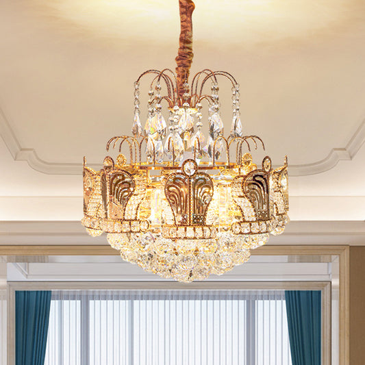 6 Heads Living Room Chandelier Light Simple Gold Suspension Pendant with Cascading Crystal Ball Shade Gold Clearhalo 'Ceiling Lights' 'Chandeliers' 'Modern Chandeliers' 'Modern' Lighting' 1694543