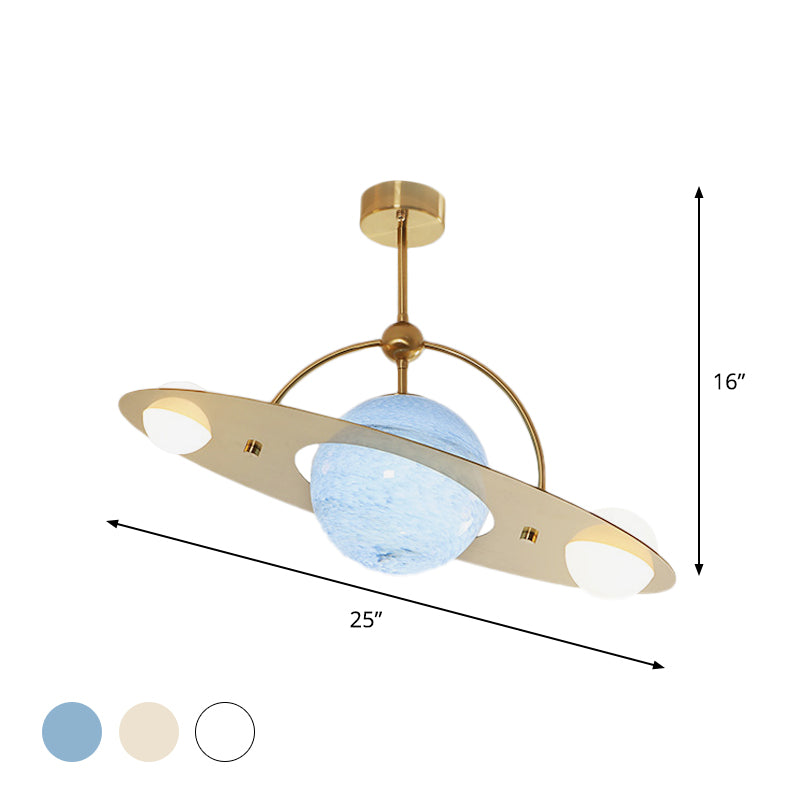 Saturn Semi Flush Ceiling Light Cartoon White Glass 2 Bulbs White/Beige/Blue Flush Mount Lamp Clearhalo 'Ceiling Lights' 'Chandeliers' 'Close To Ceiling Lights' 'Close to ceiling' 'Glass shade' 'Glass' 'Pendant Lights' 'Semi-flushmount' Lighting' 1694570