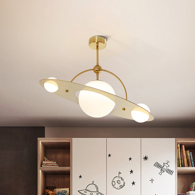 Saturn Semi Flush Ceiling Light Cartoon White Glass 2 Bulbs White/Beige/Blue Flush Mount Lamp Clearhalo 'Ceiling Lights' 'Chandeliers' 'Close To Ceiling Lights' 'Close to ceiling' 'Glass shade' 'Glass' 'Pendant Lights' 'Semi-flushmount' Lighting' 1694576