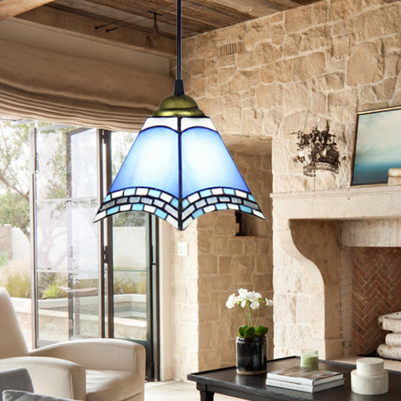 Geometric Blue Glass Ceiling Lamp Mediterranean Single Light Pendant Lighting Fixture for Living Room Blue Clearhalo 'Ceiling Lights' 'Industrial' 'Middle Century Pendants' 'Pendant Lights' 'Pendants' 'Tiffany close to ceiling' 'Tiffany Pendants' 'Tiffany' Lighting' 169460