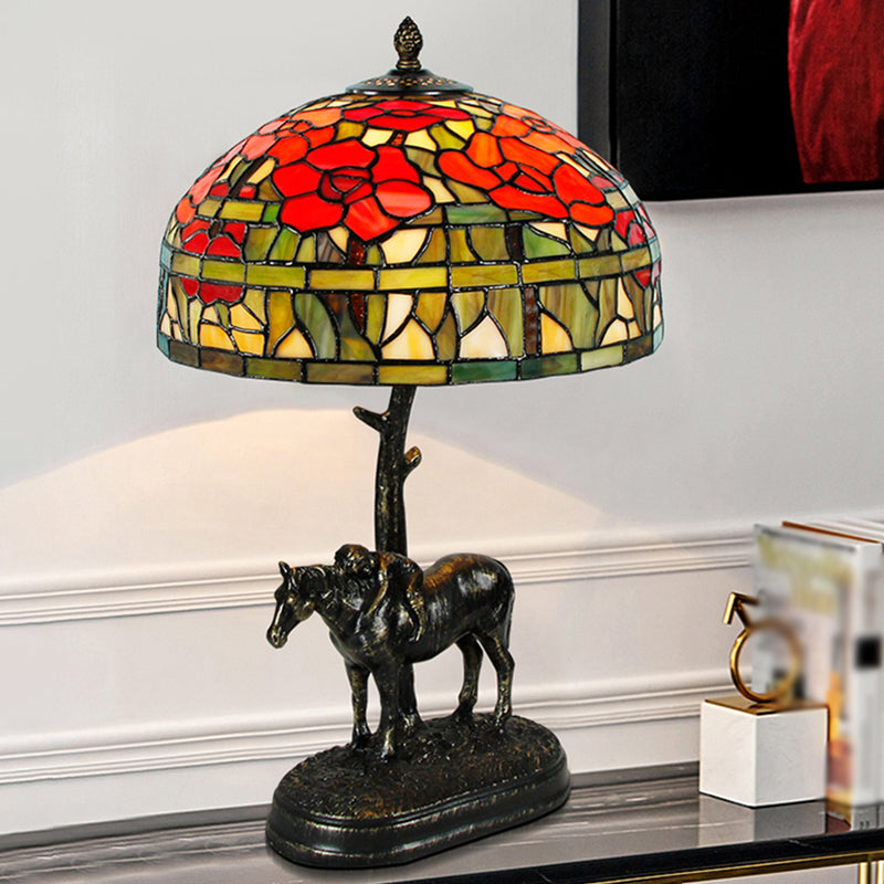 1 Head Table Light Antique Horse Resin Nightstand Lamp with Domed Cut Glass Shade in Bronze Clearhalo 'Lamps' 'Table Lamps' Lighting' 1694601