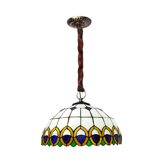 Cut Glass Bronze Ceiling Light Dome 3 Bulbs Mediterranean Chandelier Lighting with Peacock Feather Pattern Clearhalo 'Ceiling Lights' 'Chandeliers' 'Industrial' 'Middle Century Chandeliers' 'Tiffany Chandeliers' 'Tiffany close to ceiling' 'Tiffany' Lighting' 1694614