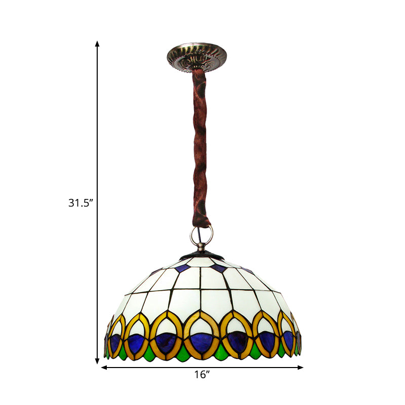 Cut Glass Bronze Ceiling Light Dome 3 Bulbs Mediterranean Chandelier Lighting with Peacock Feather Pattern Clearhalo 'Ceiling Lights' 'Chandeliers' 'Industrial' 'Middle Century Chandeliers' 'Tiffany Chandeliers' 'Tiffany close to ceiling' 'Tiffany' Lighting' 1694615