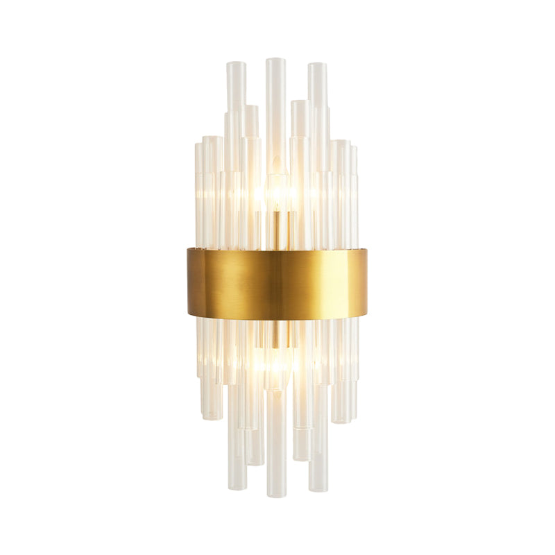 Gold Finish Half Shade Wall Mount Light Modern 2 Heads Crystal Tube Wall Lighting Ideas for Corridor Clearhalo 'Modern wall lights' 'Modern' 'Wall Lamps & Sconces' 'Wall Lights' Lighting' 1694633