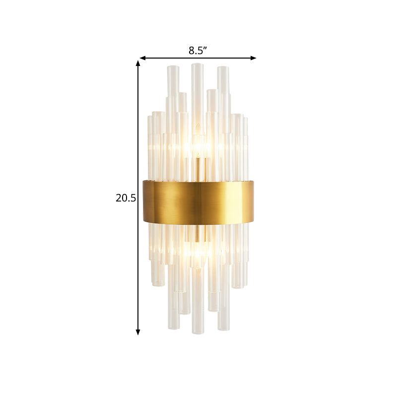 Gold Finish Half Shade Wall Mount Light Modern 2 Heads Crystal Tube Wall Lighting Ideas for Corridor Clearhalo 'Modern wall lights' 'Modern' 'Wall Lamps & Sconces' 'Wall Lights' Lighting' 1694634
