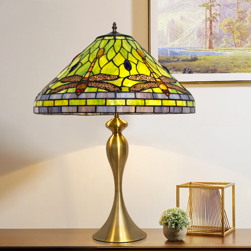 Conic Empire Table Lamp 1 Bulb Handcrafted Art Glass Antique Nightstand Light with Dragonfly Pattern in Brass Brass Clearhalo 'Lamps' 'Table Lamps' Lighting' 1694707
