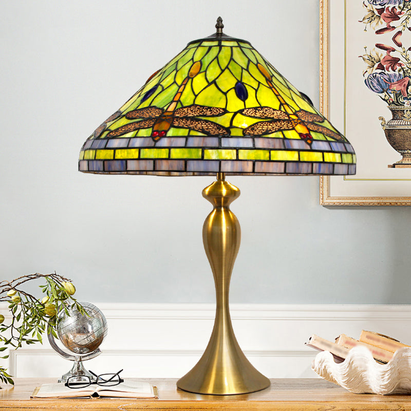Conic Empire Table Lamp 1 Bulb Handcrafted Art Glass Antique Nightstand Light with Dragonfly Pattern in Brass Clearhalo 'Lamps' 'Table Lamps' Lighting' 1694708