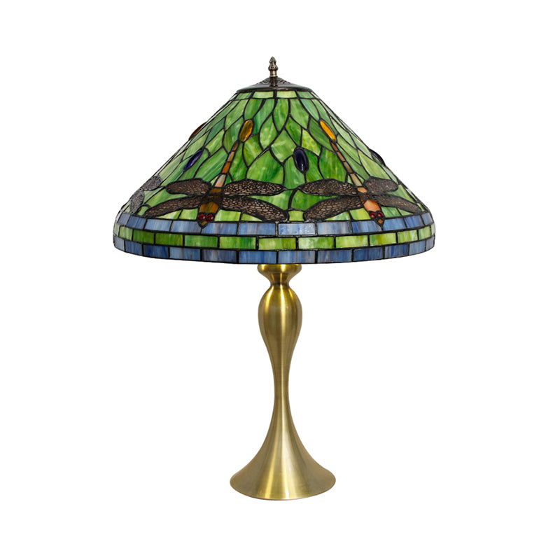 Conic Empire Table Lamp 1 Bulb Handcrafted Art Glass Antique Nightstand Light with Dragonfly Pattern in Brass Clearhalo 'Lamps' 'Table Lamps' Lighting' 1694709
