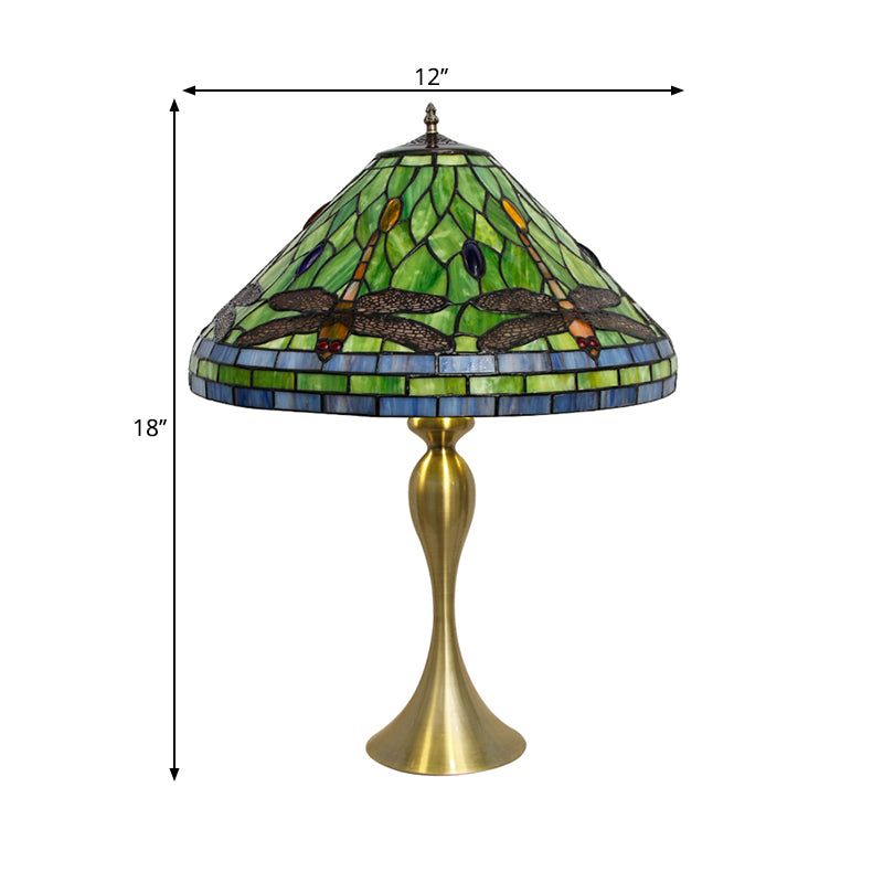 Conic Empire Table Lamp 1 Bulb Handcrafted Art Glass Antique Nightstand Light with Dragonfly Pattern in Brass Clearhalo 'Lamps' 'Table Lamps' Lighting' 1694710