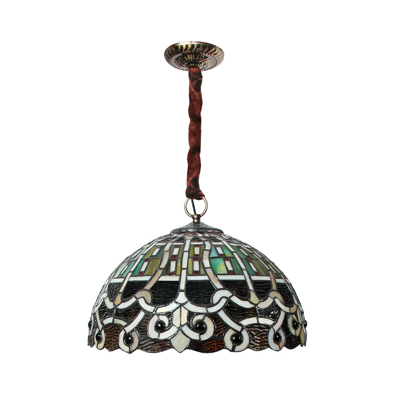 Baroque Domed Hanging Chandelier 3 Bulbs Handcrafted Stained Glass Drop Lamp in Brass Clearhalo 'Ceiling Lights' 'Chandeliers' 'Industrial' 'Middle Century Chandeliers' 'Tiffany Chandeliers' 'Tiffany close to ceiling' 'Tiffany' Lighting' 1694713