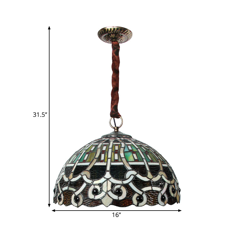 Baroque Domed Hanging Chandelier 3 Bulbs Handcrafted Stained Glass Drop Lamp in Brass Clearhalo 'Ceiling Lights' 'Chandeliers' 'Industrial' 'Middle Century Chandeliers' 'Tiffany Chandeliers' 'Tiffany close to ceiling' 'Tiffany' Lighting' 1694714