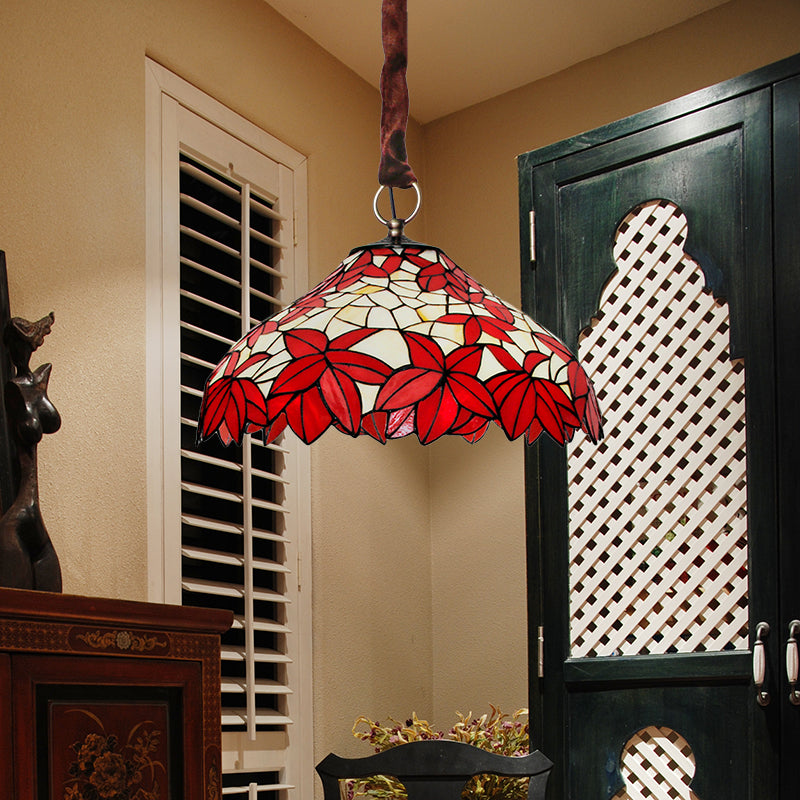 Hand Cut Glass Maple Leaf Drop Pendant Vintage 3-Light Red Chandelier Lighting Fixture Red Clearhalo 'Ceiling Lights' 'Chandeliers' 'Industrial' 'Middle Century Chandeliers' 'Tiffany Chandeliers' 'Tiffany close to ceiling' 'Tiffany' Lighting' 1694719