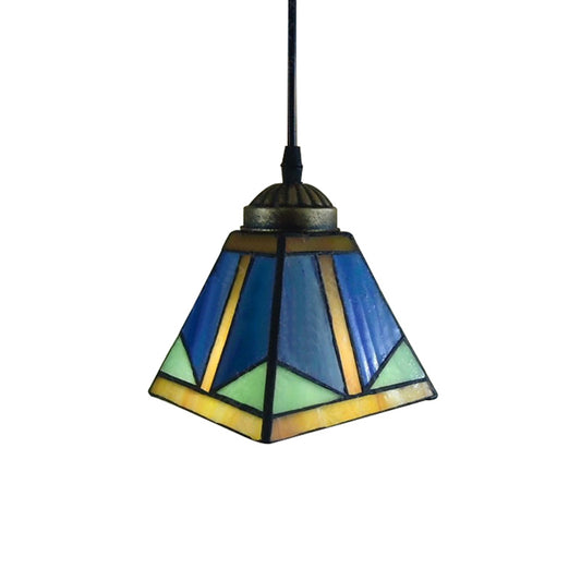 1-Light Dining Room Pendant Lighting Tiffany Blue Hanging Ceiling Light with Geometric/Boat Stained Glass Shade Clearhalo 'Ceiling Lights' 'Industrial' 'Middle Century Pendants' 'Pendant Lights' 'Pendants' 'Tiffany close to ceiling' 'Tiffany Pendants' 'Tiffany' Lighting' 169471