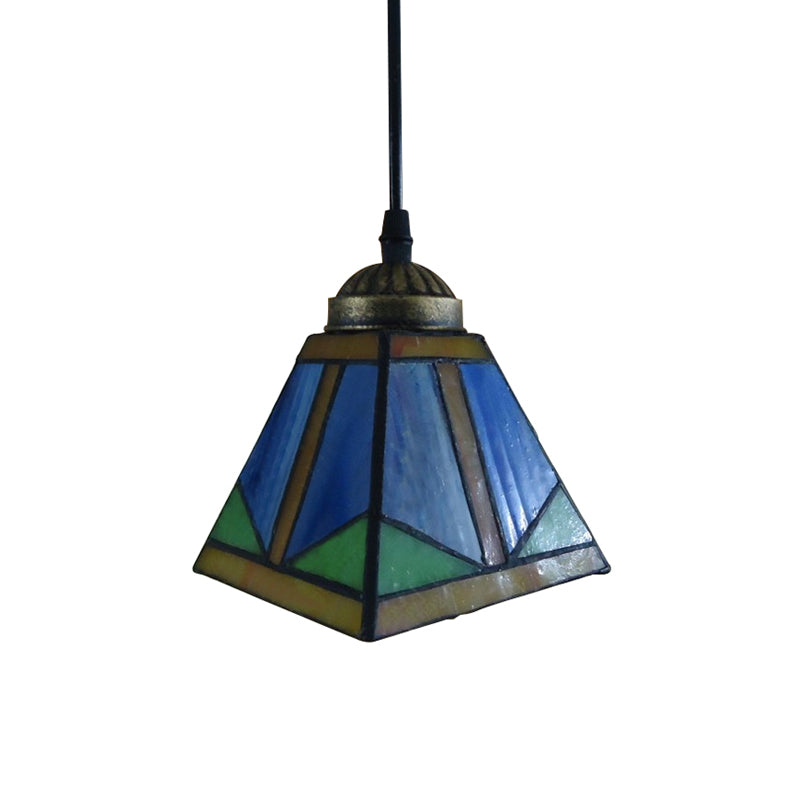 1-Light Dining Room Pendant Lighting Tiffany Blue Hanging Ceiling Light with Geometric/Boat Stained Glass Shade Clearhalo 'Ceiling Lights' 'Industrial' 'Middle Century Pendants' 'Pendant Lights' 'Pendants' 'Tiffany close to ceiling' 'Tiffany Pendants' 'Tiffany' Lighting' 169472