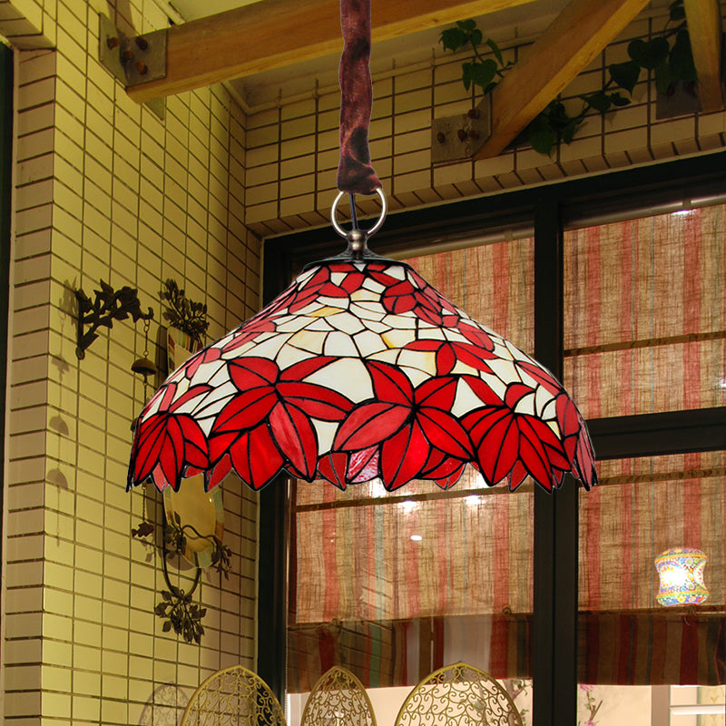 Hand Cut Glass Maple Leaf Drop Pendant Vintage 3-Light Red Chandelier Lighting Fixture Clearhalo 'Ceiling Lights' 'Chandeliers' 'Industrial' 'Middle Century Chandeliers' 'Tiffany Chandeliers' 'Tiffany close to ceiling' 'Tiffany' Lighting' 1694720