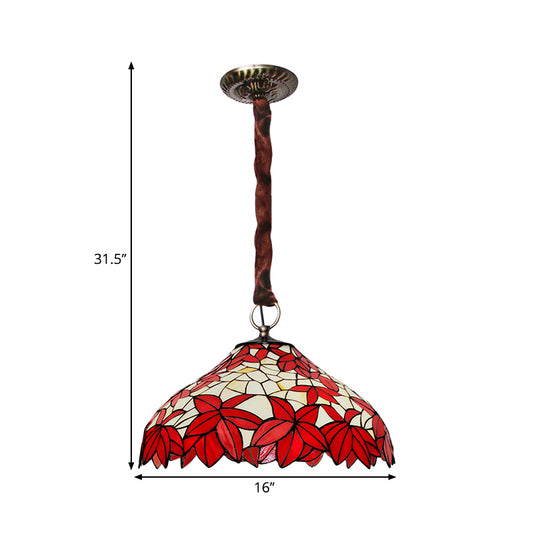 Hand Cut Glass Maple Leaf Drop Pendant Vintage 3-Light Red Chandelier Lighting Fixture Clearhalo 'Ceiling Lights' 'Chandeliers' 'Industrial' 'Middle Century Chandeliers' 'Tiffany Chandeliers' 'Tiffany close to ceiling' 'Tiffany' Lighting' 1694722