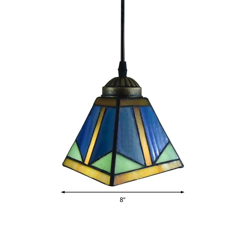1-Light Dining Room Pendant Lighting Tiffany Blue Hanging Ceiling Light with Geometric/Boat Stained Glass Shade Clearhalo 'Ceiling Lights' 'Industrial' 'Middle Century Pendants' 'Pendant Lights' 'Pendants' 'Tiffany close to ceiling' 'Tiffany Pendants' 'Tiffany' Lighting' 169473