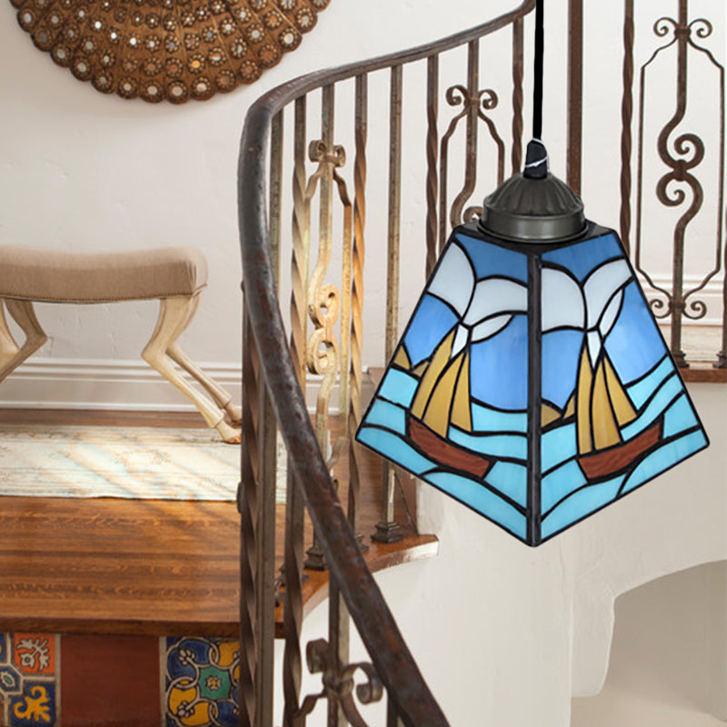 1-Light Dining Room Pendant Lighting Tiffany Blue Hanging Ceiling Light with Geometric/Boat Stained Glass Shade Blue Boat Clearhalo 'Ceiling Lights' 'Industrial' 'Middle Century Pendants' 'Pendant Lights' 'Pendants' 'Tiffany close to ceiling' 'Tiffany Pendants' 'Tiffany' Lighting' 169474