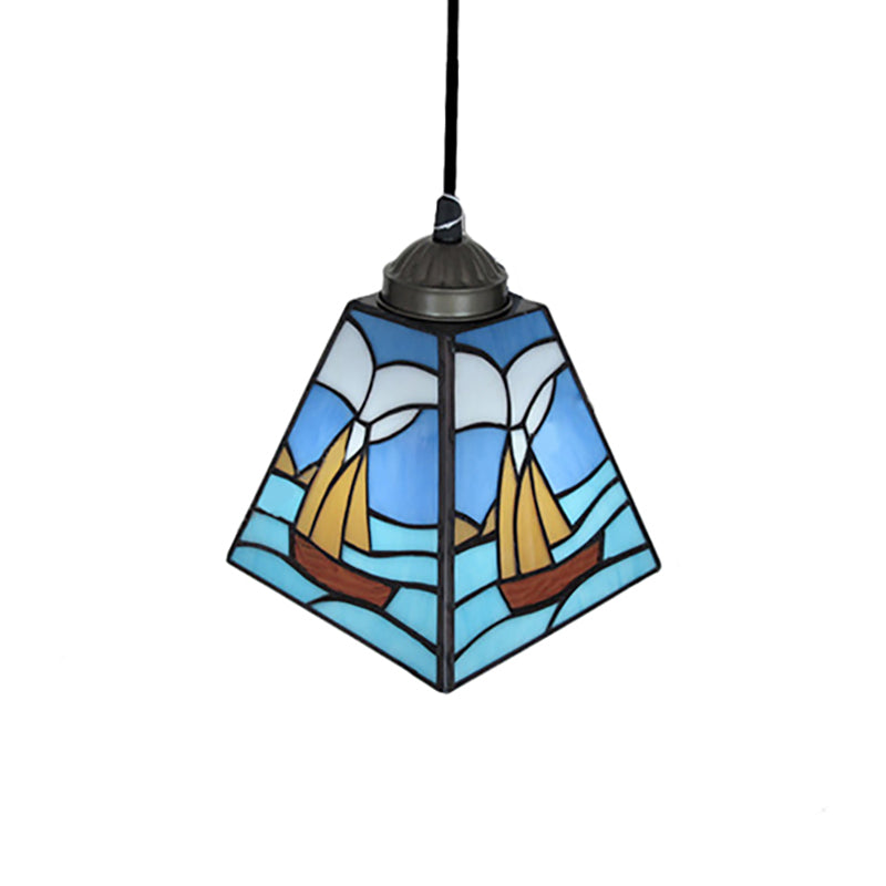 1-Light Dining Room Pendant Lighting Tiffany Blue Hanging Ceiling Light with Geometric/Boat Stained Glass Shade Clearhalo 'Ceiling Lights' 'Industrial' 'Middle Century Pendants' 'Pendant Lights' 'Pendants' 'Tiffany close to ceiling' 'Tiffany Pendants' 'Tiffany' Lighting' 169475