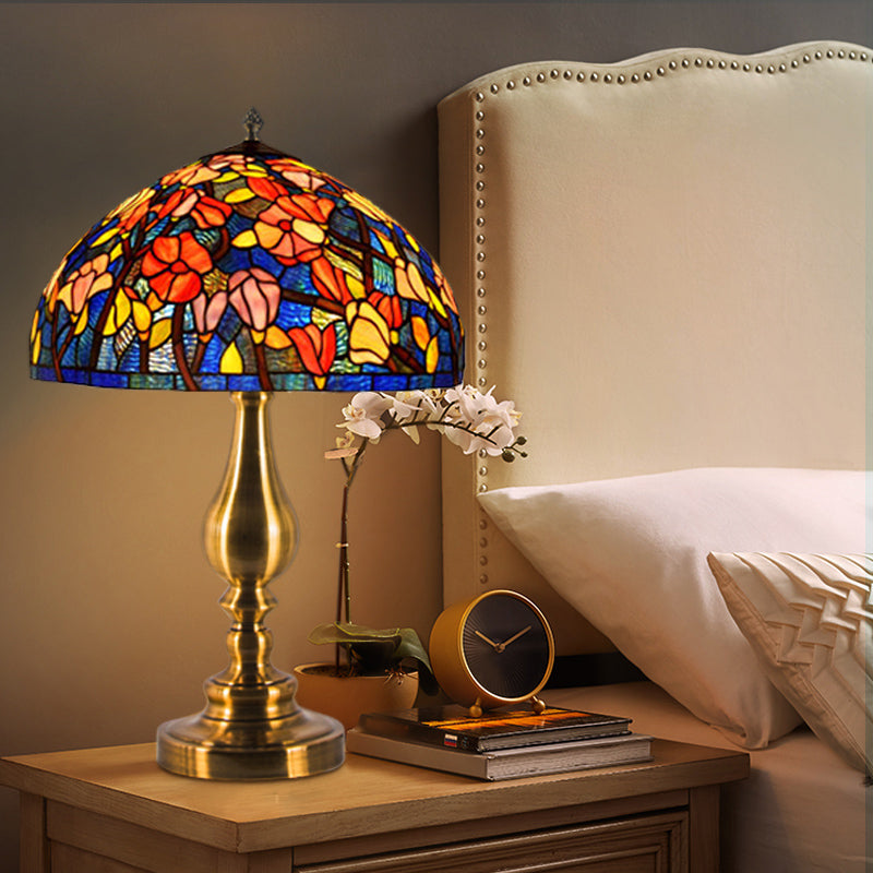 Tiffany Glass Brass Table Lamp Domed 1 Light Classic Night Lighting with Magnolia Pattern Clearhalo 'Lamps' 'Table Lamps' Lighting' 1694769