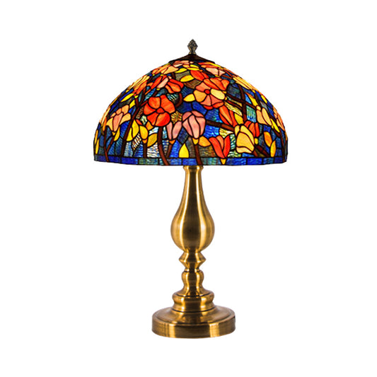 Tiffany Glass Brass Table Lamp Domed 1 Light Classic Night Lighting with Magnolia Pattern Clearhalo 'Lamps' 'Table Lamps' Lighting' 1694770