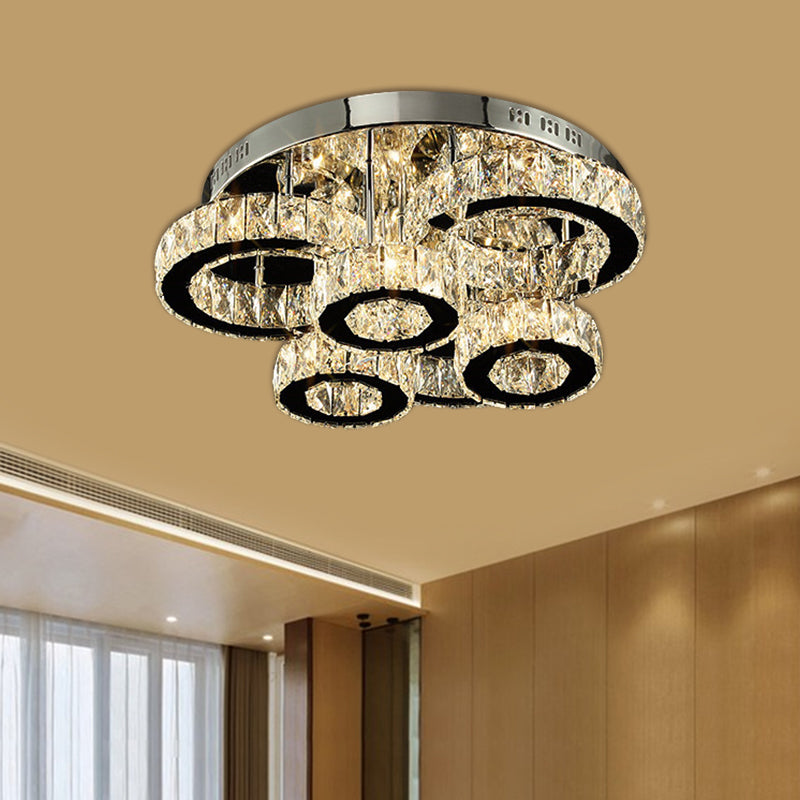 Contemporary LED Ceiling Lighting Chrome Circles Semi-Flush Mount with Crystal Block Shade in Warm/White Light