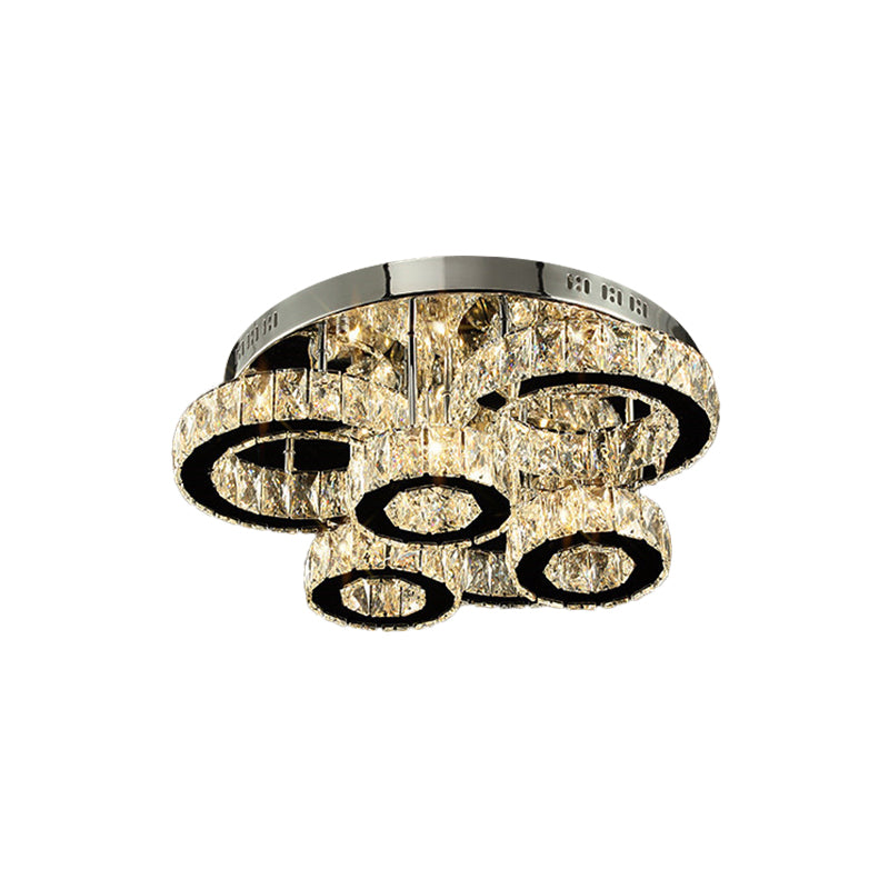 Contemporary LED Ceiling Lighting Chrome Circles Semi-Flush Mount with Crystal Block Shade in Warm/White Light