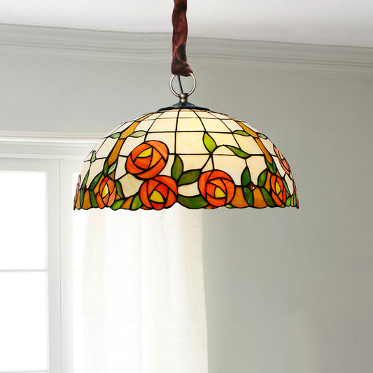 Victorian Bowl Hanging Chandelier 5 Lights Stained Glass Ceiling Lamp with Rose Pattern in Bronze Clearhalo 'Ceiling Lights' 'Chandeliers' 'Industrial' 'Middle Century Chandeliers' 'Tiffany Chandeliers' 'Tiffany close to ceiling' 'Tiffany' Lighting' 1694824