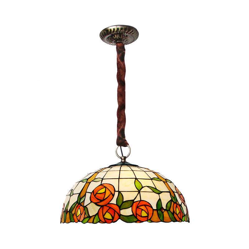 Victorian Bowl Hanging Chandelier 5 Lights Stained Glass Ceiling Lamp with Rose Pattern in Bronze Clearhalo 'Ceiling Lights' 'Chandeliers' 'Industrial' 'Middle Century Chandeliers' 'Tiffany Chandeliers' 'Tiffany close to ceiling' 'Tiffany' Lighting' 1694825
