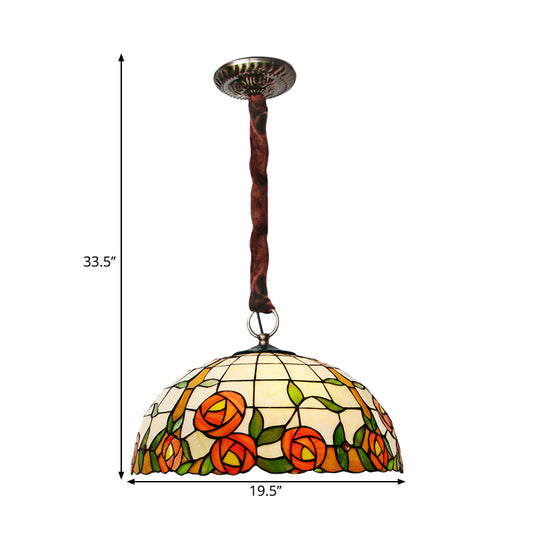 Victorian Bowl Hanging Chandelier 5 Lights Stained Glass Ceiling Lamp with Rose Pattern in Bronze Clearhalo 'Ceiling Lights' 'Chandeliers' 'Industrial' 'Middle Century Chandeliers' 'Tiffany Chandeliers' 'Tiffany close to ceiling' 'Tiffany' Lighting' 1694826