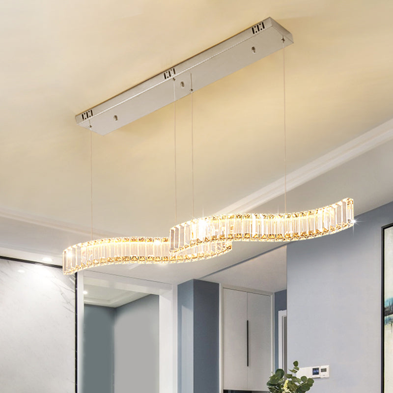 Faceted Crystal Waving Linear Island Pendant Modernist LED Silver Hanging Ceiling Light for Dining Room Silver Clearhalo 'Ceiling Lights' 'Island Lights' Lighting' 1694831
