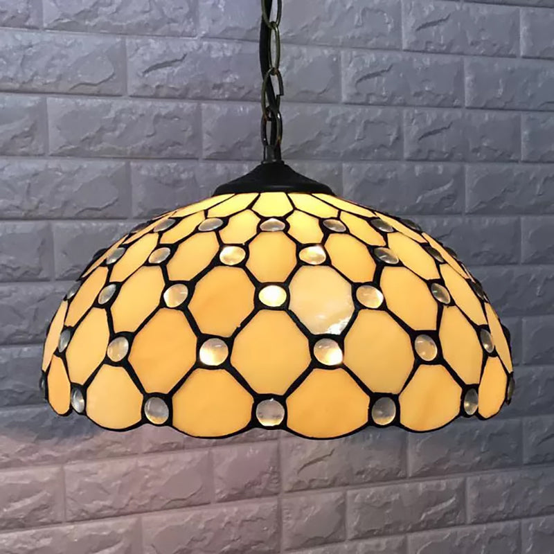 6"/7.5"/16" W Brass 1 Head Drop Pendant Tiffany Hand Cut Glass Bowl Suspension Light with Jewel for Living Room Brass 16" Clearhalo 'Ceiling Lights' 'Industrial' 'Middle Century Pendants' 'Pendant Lights' 'Pendants' 'Tiffany close to ceiling' 'Tiffany Pendants' 'Tiffany' Lighting' 169485