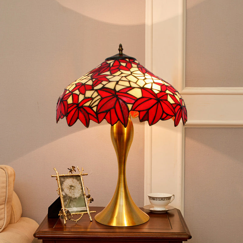 Traditional Leaf-Edge Bowl Desk Lamp 1 Bulb Handcrafted Stained Glass Night Light with Pull Chains in Red Clearhalo 'Lamps' 'Table Lamps' Lighting' 1694893