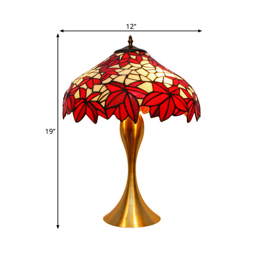 Traditional Leaf-Edge Bowl Desk Lamp 1 Bulb Handcrafted Stained Glass Night Light with Pull Chains in Red Clearhalo 'Lamps' 'Table Lamps' Lighting' 1694895