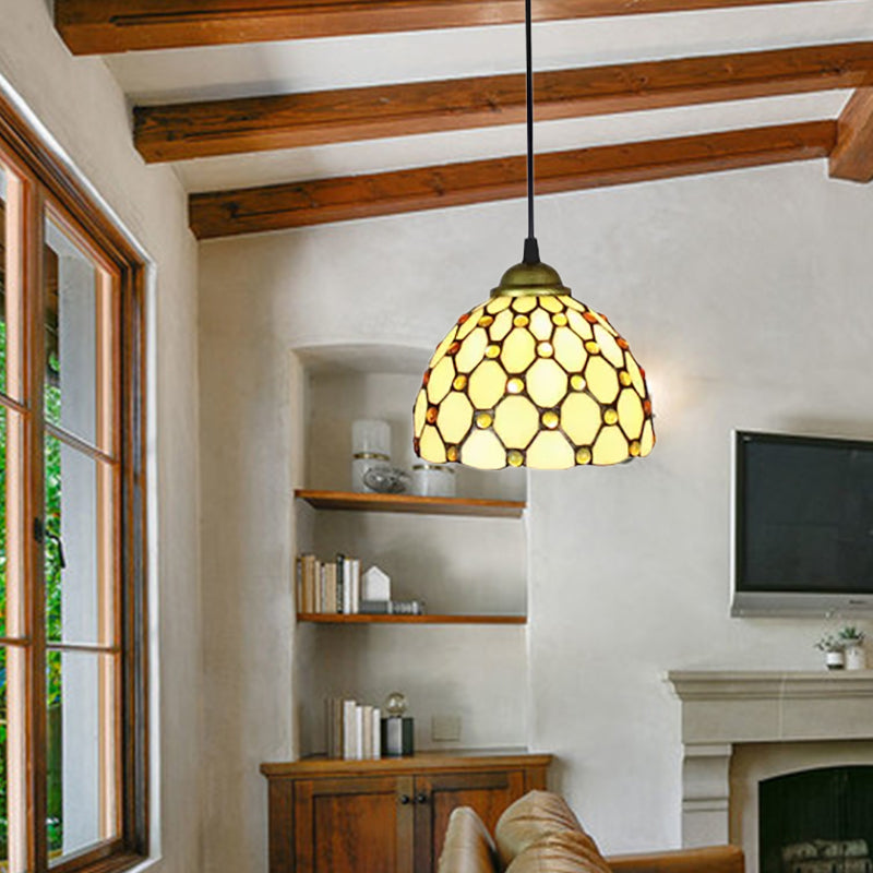6"/7.5"/16" W Brass 1 Head Drop Pendant Tiffany Hand Cut Glass Bowl Suspension Light with Jewel for Living Room Brass 7.5" Clearhalo 'Ceiling Lights' 'Industrial' 'Middle Century Pendants' 'Pendant Lights' 'Pendants' 'Tiffany close to ceiling' 'Tiffany Pendants' 'Tiffany' Lighting' 169490